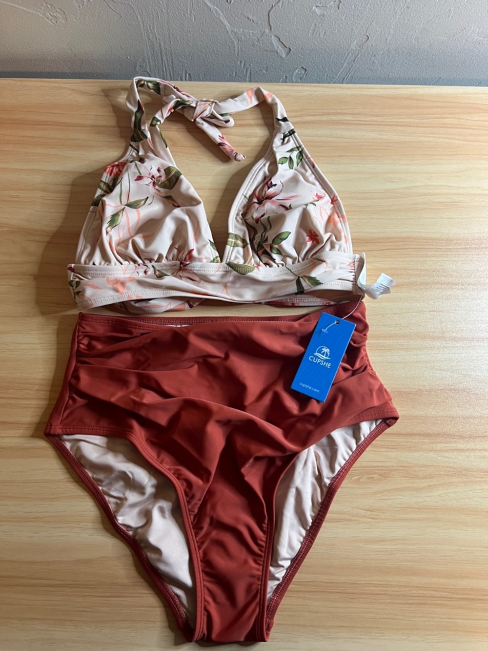 Cupshe Two-Piece High-Waist Bikini Set in Rust and Blush Floral